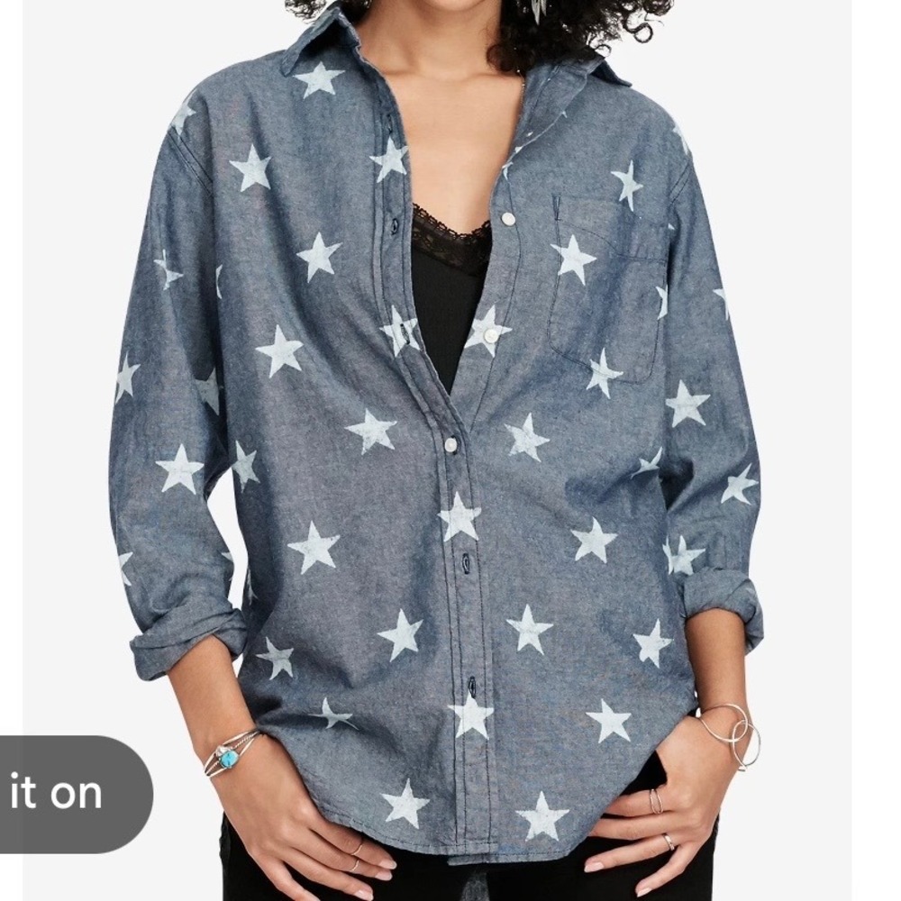 Denim & Supply Ralph Lauren Star Print Chambray Boyfriend Shirt Blue Medium